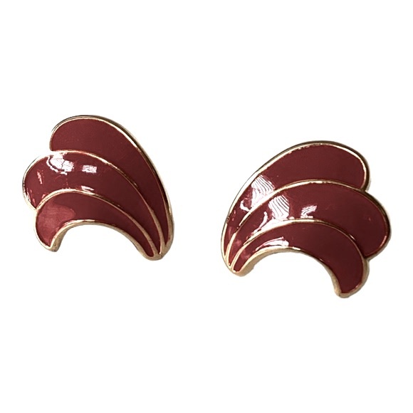 Napier Gold Tone Curved Wing Style Red Enamel Inlay Post Earrings Vintage EUC - Picture 4 of 7
